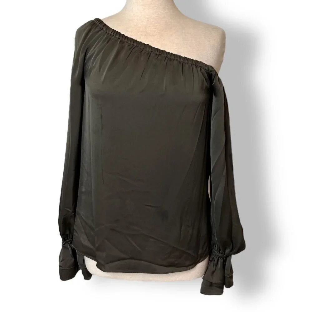 Ramy Brook Off One Shoulder Murphy Top Blouse Satin Ruffle Cuff Olive Sz XS